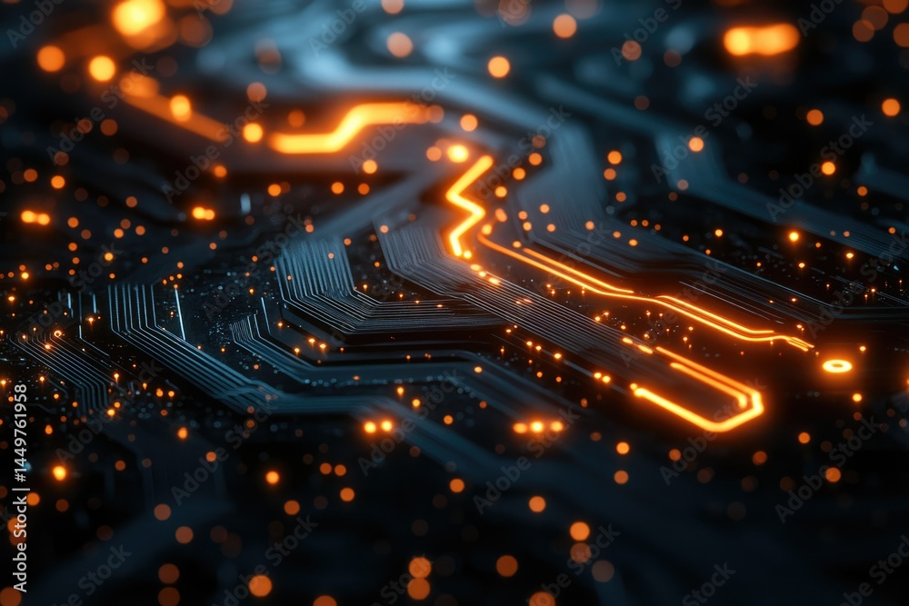 Poster abstract close-up of a circuit board with glowing orange lines, representing technological advanceme