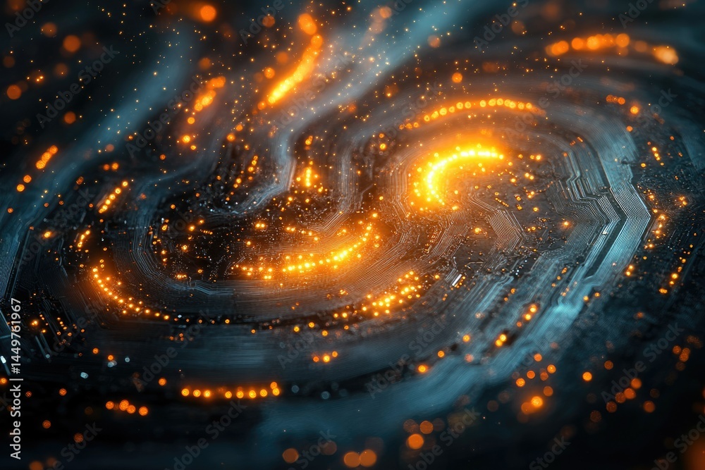 Poster Abstract swirling circuit board with glowing orange lights, representing technological innovation and data flow.
