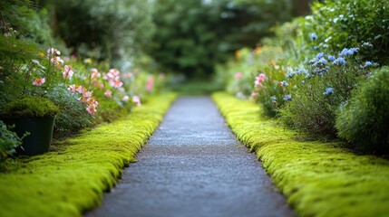 Obraz premium Garden pathway lined with vibrant flowers and lush greenery