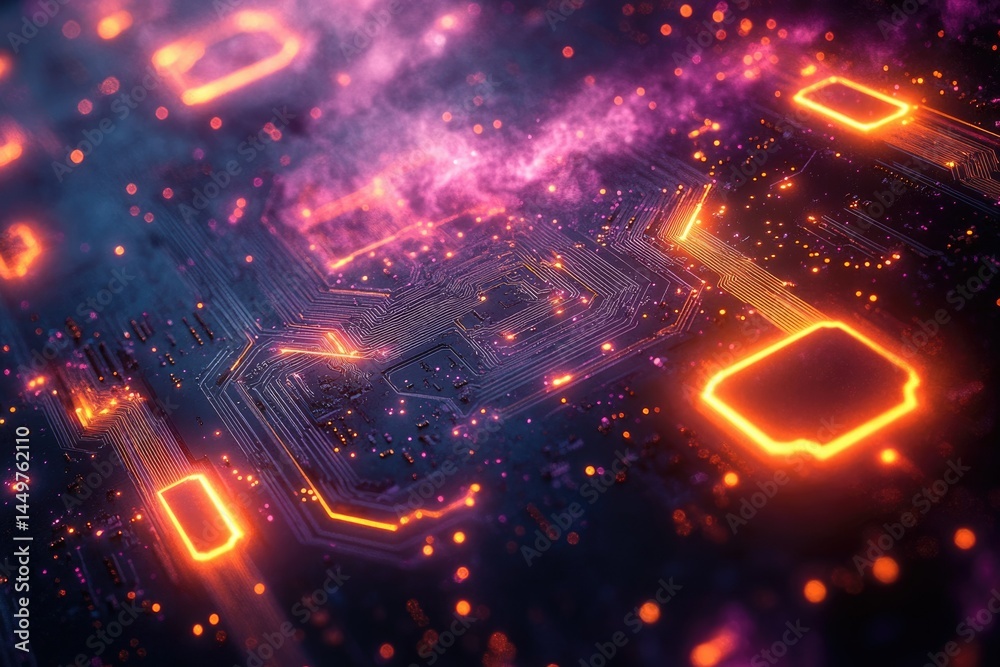 Poster abstract close-up of a circuit board with glowing orange lines, depicting technological advancement.