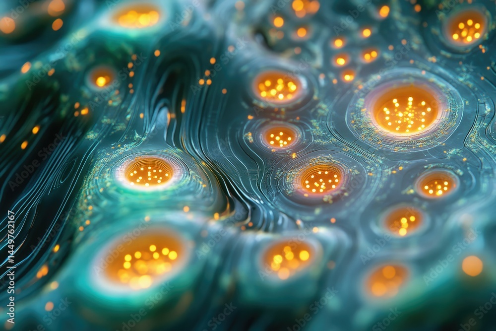 Poster Abstract artwork depicting a teal, wavy surface with glowing orange clusters, resembling a microscopic view of a complex network.
