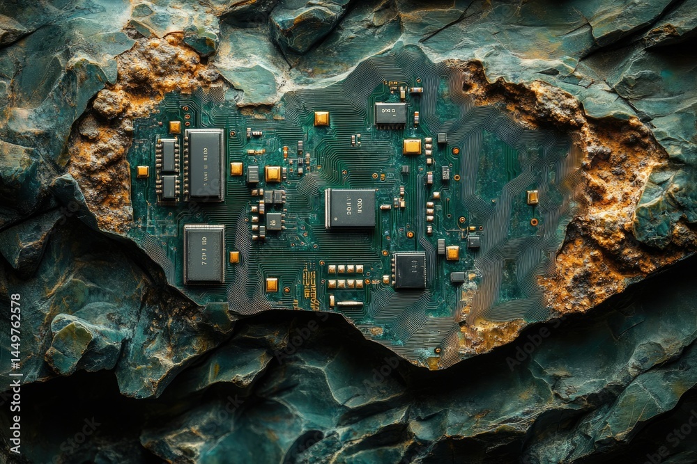 Poster Circuit board embedded in dark green stone, showcasing technological integration with nature.