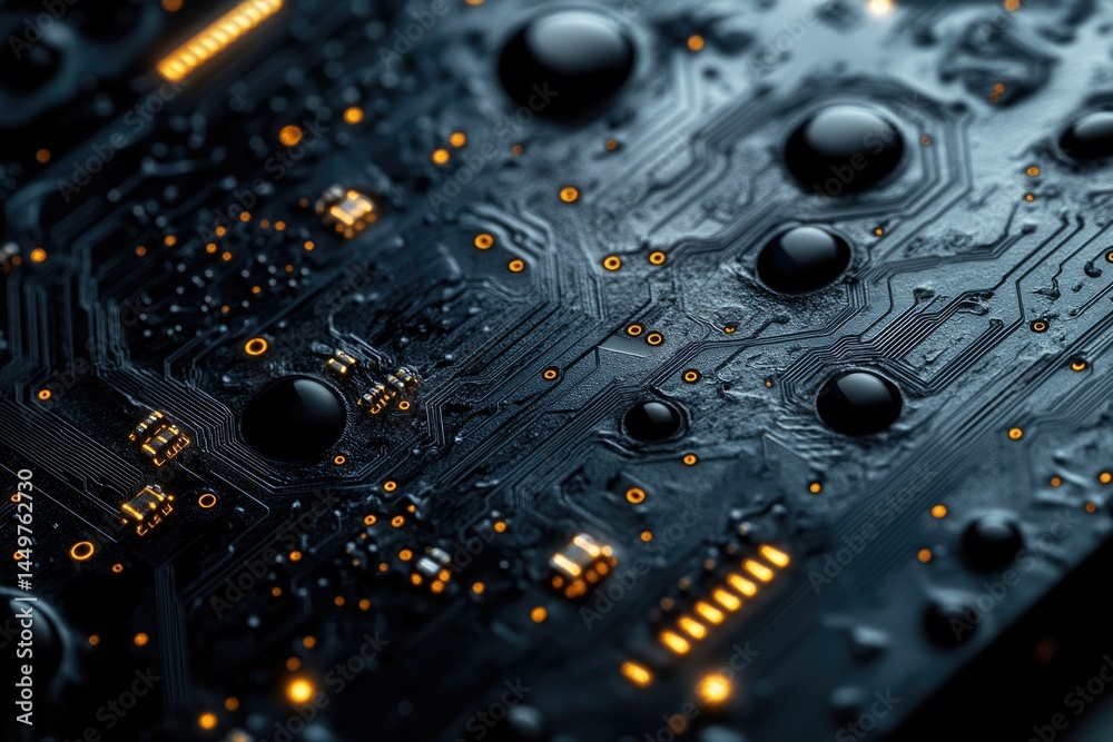 Poster Close-up of a dark, textured circuit board with glowing components, showcasing intricate details of electronic circuitry.