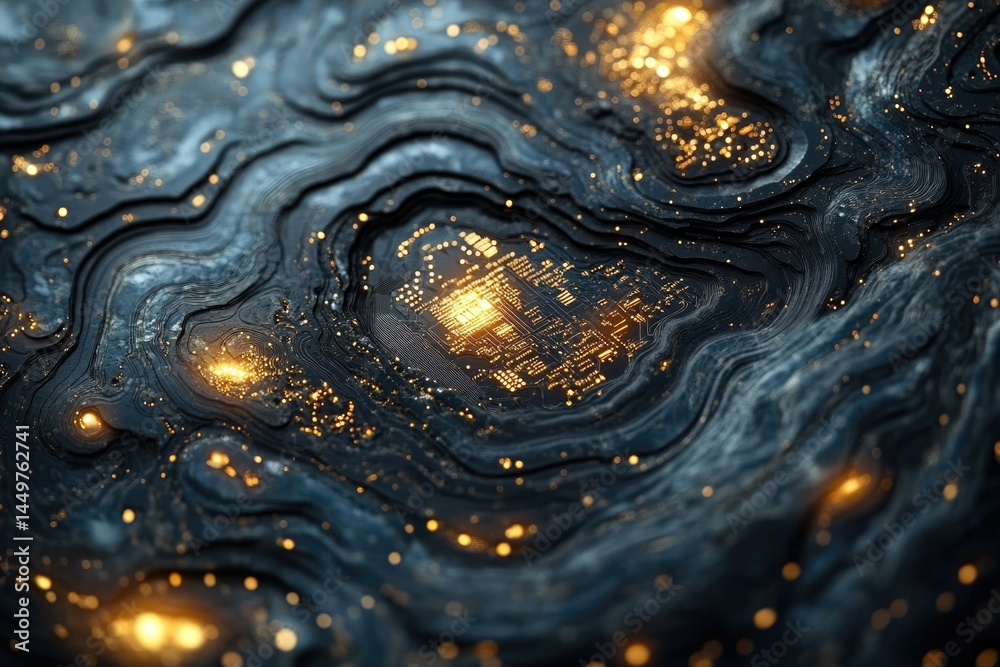 Poster Abstract digital landscape with glowing circuit board embedded in a dark, wavy terrain.