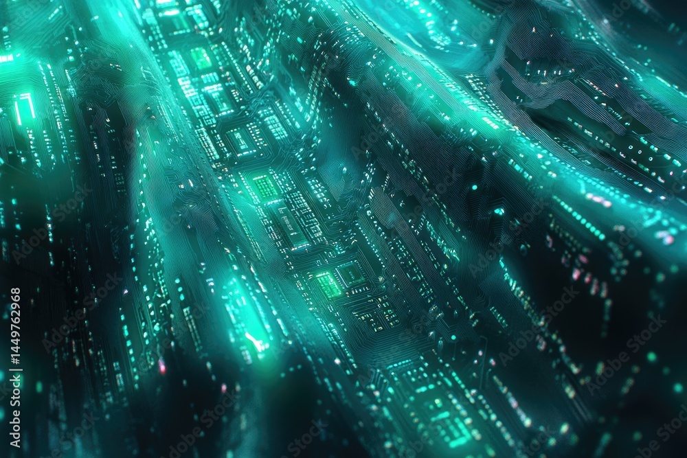 Poster Abstract digital artwork depicting a futuristic, glowing circuit board or data stream flowing like a fabric.