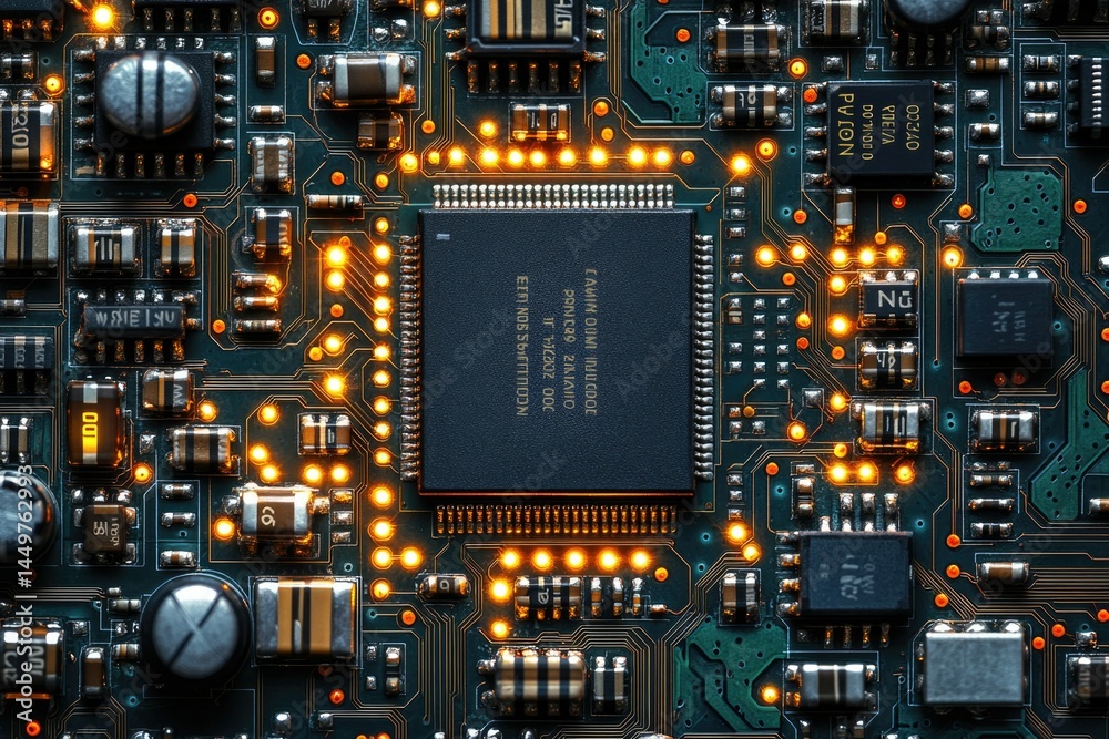 Aufkleber Close-up of a circuit board with glowing components, showcasing intricate electronic circuitry and technological detail.