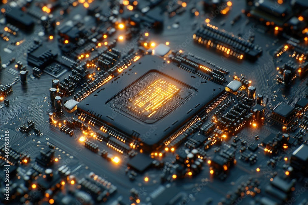 Poster Close-up of a computer motherboard with a central processing unit glowing, showcasing intricate circuitry.