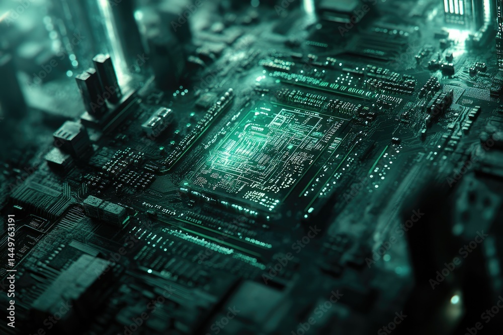 Aufkleber close-up of a circuit board with glowing green microchip, showcasing intricate technological detail.