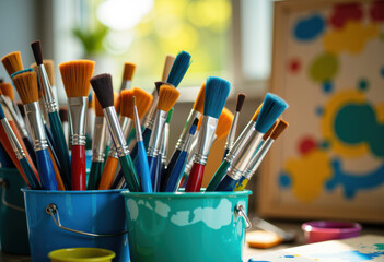 Colorful paintbrushes in buckets ready for creative projects