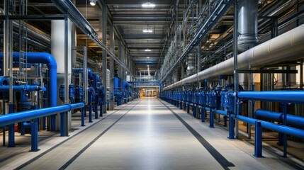 Industrial blue pipes and valves in sleek setting with high ceiling and concrete floor, controlled flow and modern design