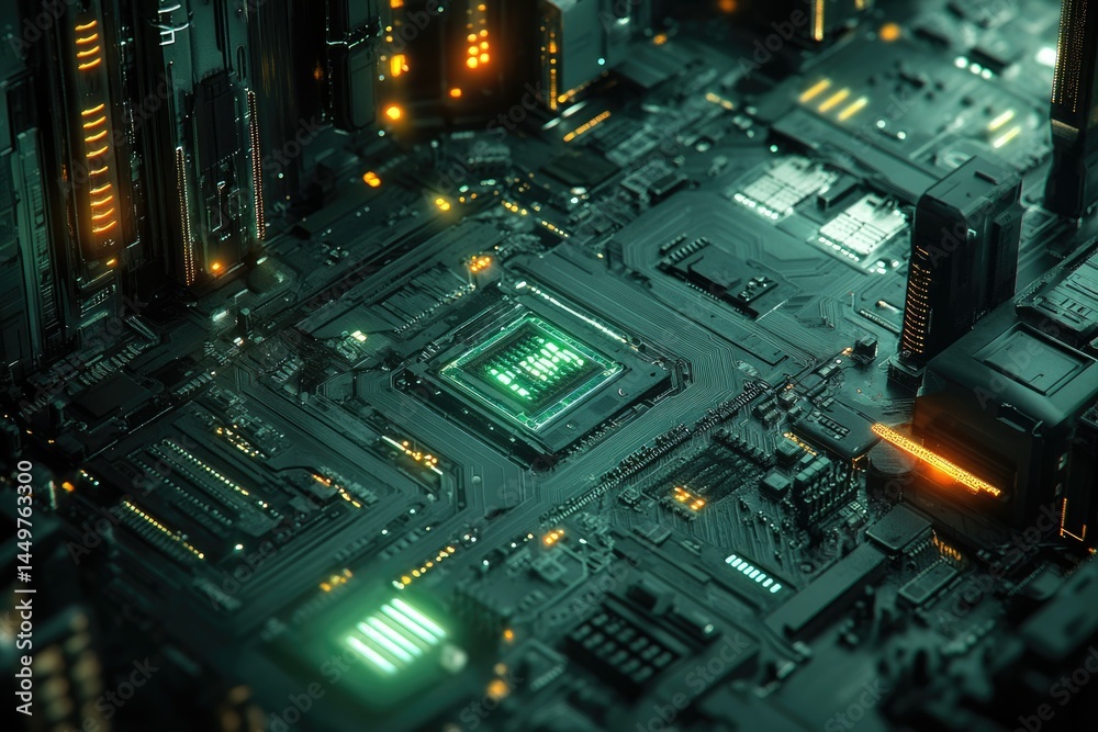 Aufkleber a futuristic close-up of a circuit board, showcasing intricate technological details and glowing com