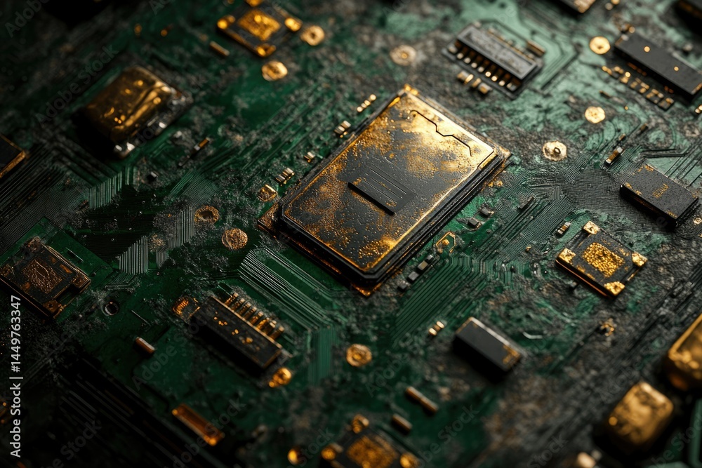 Poster close-up of a dusty, aged circuit board with a gold-toned processor, showcasing technological decay.