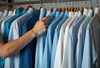A person selecting a light blue shirt from a neatly arranged clothing rack