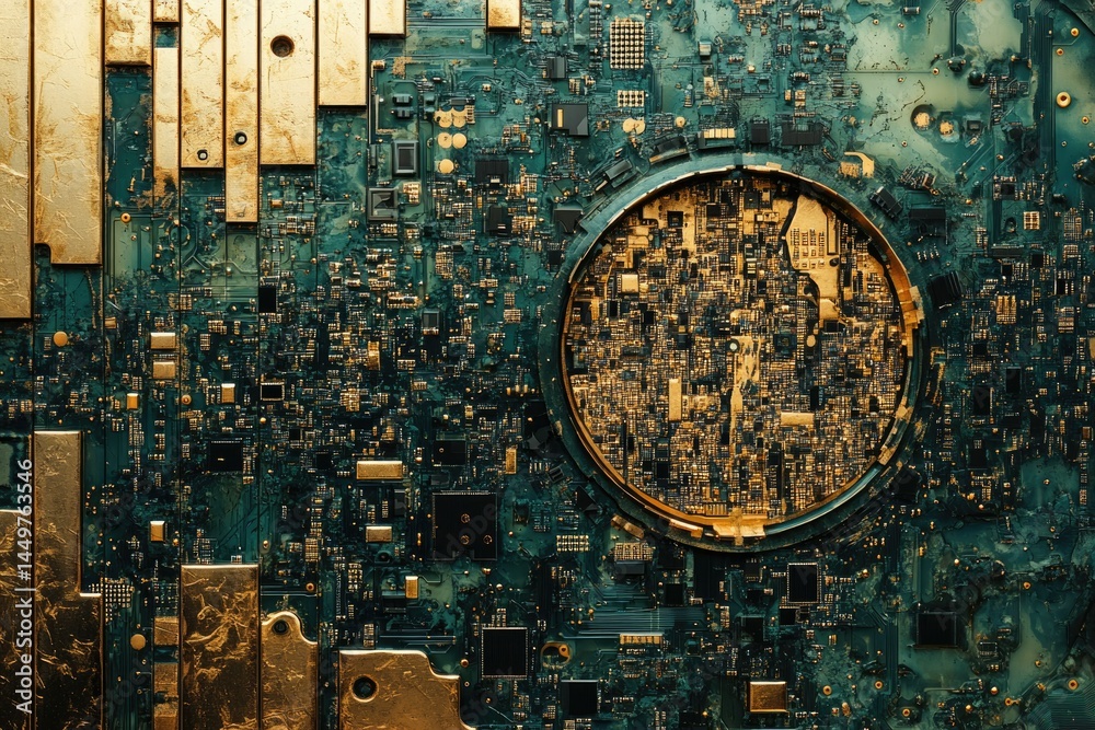 Poster abstract close-up of a circuit board with gold accents, showcasing intricate electronic components.