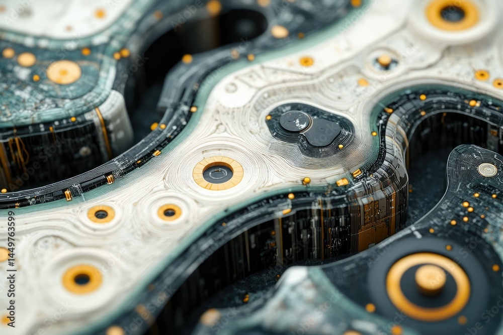 Fototapete Abstract close-up of a futuristic, organic circuit board with intricate details and a blend of metallic and translucent elements.