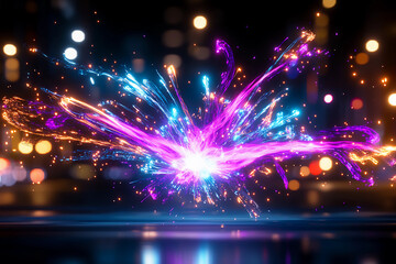 Radiant violet and cyan energy bursts in jagged patterns with golden light streams, symbolizing speed and forceful motion, creating dynamic contrast between light and dark shadows
