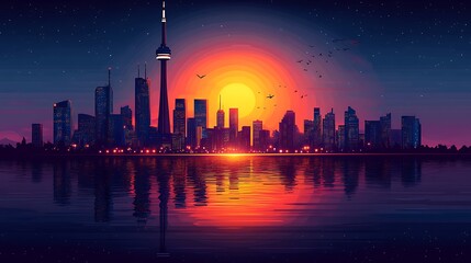 Toronto skyline sunset with water reflection