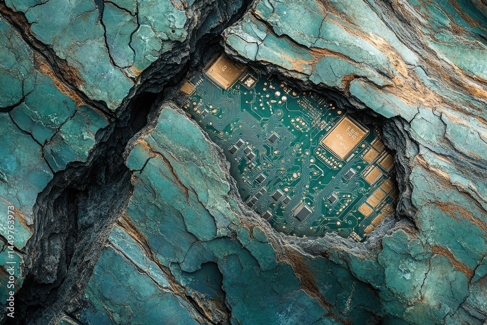 Poster a circuit board nestled within a cracked, teal-colored rock, symbolizing the connection between tech