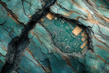 A circuit board nestled within a cracked, teal-colored rock, symbolizing the connection between technology and nature.