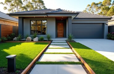 Modern Australian home with artificial grass lawn, timber edging. Contemporary house facade features stone pathway, wooden front door, garage. Front yard with green grass landscaping. Family