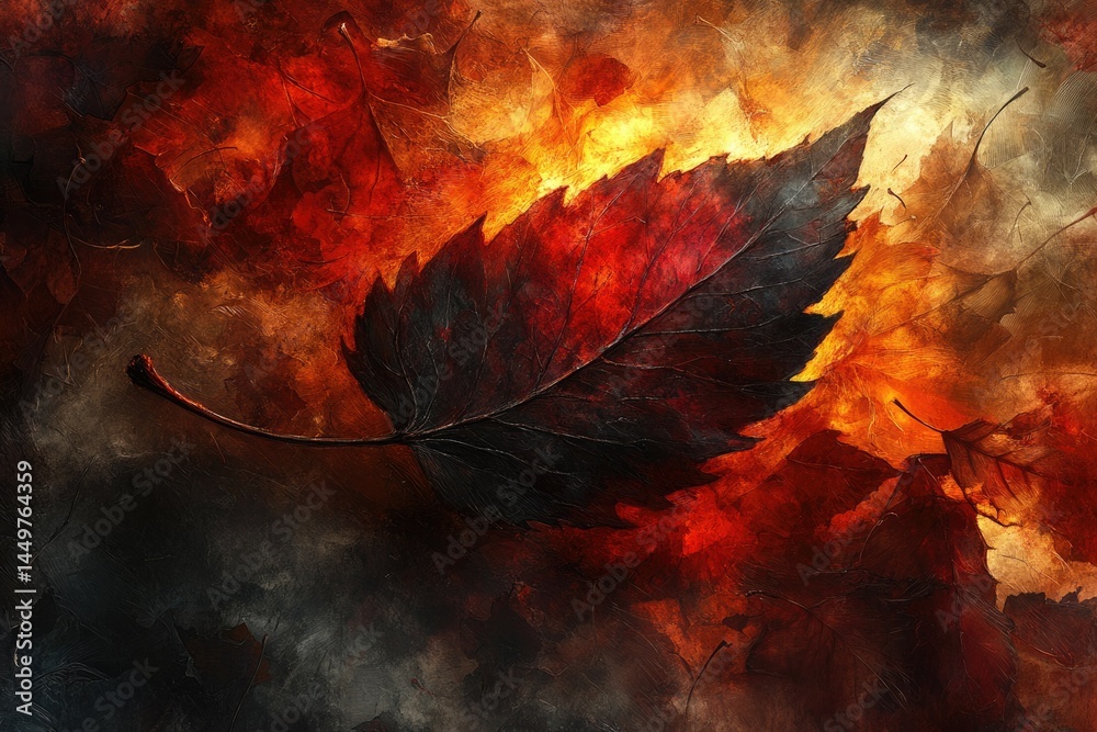 Poster a single dark leaf contrasts against a fiery backdrop of autumn leaves, creating a dramatic and text