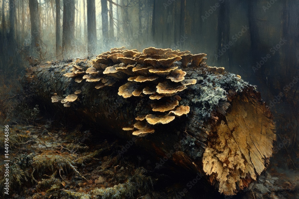 Poster cluster of golden mushrooms thriving on a decaying log in a misty forest.
