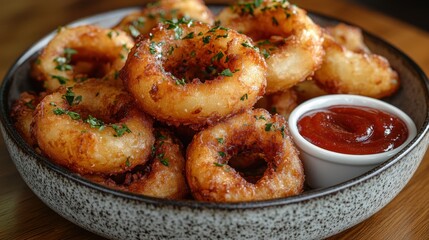 Crispy onion rings served with a dipping sauce.