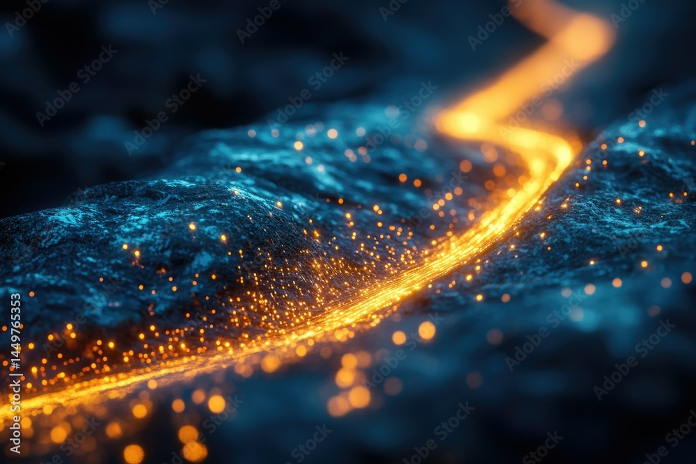 Poster glowing orange path meanders across a dark blue, textured surface, speckled with light.