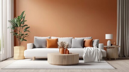 Modern Living Room with Large Window, Warm Orange Walls, White Sofa, and Minimalist Design in Neutral Color Palette