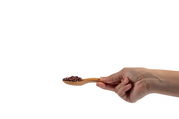 Red beans isolated on spoon wooden in hand on transparent background