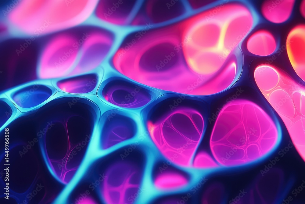 Poster abstract 3d render of a vibrant, interconnected network of glowing pink and blue cells.
