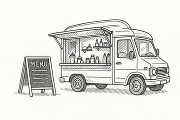 Hand-Drawn Food Truck Sketch in Monochromatic Colors  
