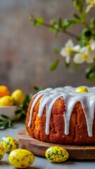 A cake sitting on top of a wooden cutting board next to a bowl of lemons