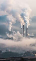 Industrial complex releasing thick smoke into the atmosphere shrouded in fog near city landscape at dawn