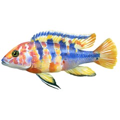 Fototapeta premium Vibrant Watercolor Painting of a Colorful Cichlid Fish, Isolated on White.