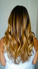 Naklejka premium A woman with long wavy hair with blonde and brown highlights