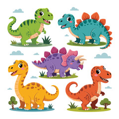 Cute Cartoon Dinosaur Collection with Nature Elements