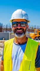 A man wearing a hard hat and safety vest smiles at the camera