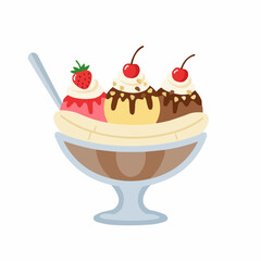 A vibrant banana split boasts ice cream, strawberry, cherries and chocolate drizzle