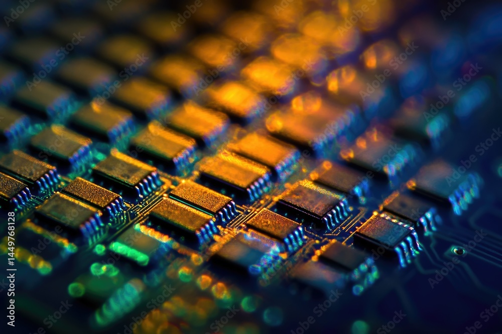 Poster Close-up of a circuit board showcasing intricate microchips and electronic components.