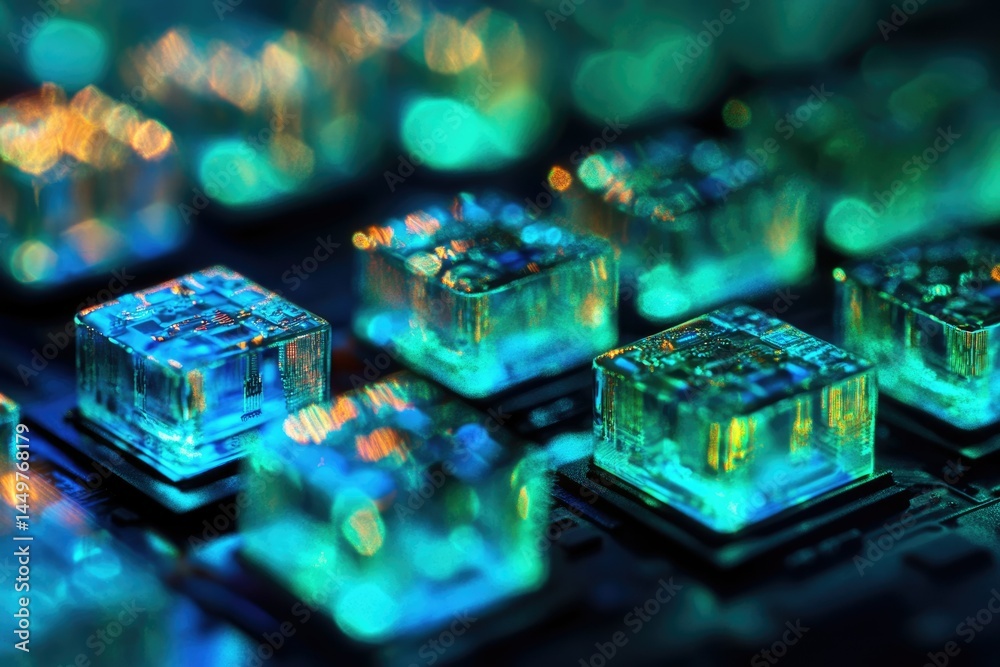 Poster Close-up of illuminated transparent cubic microchips, showcasing intricate internal circuitry.