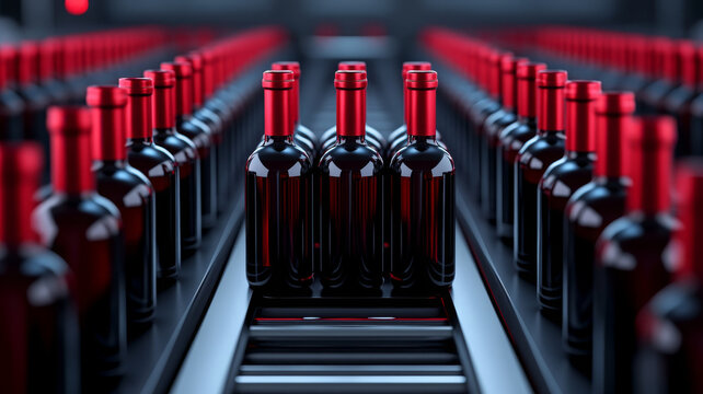 Detailed closeup of dark glass wine bottles with red caps arranged in factory setting