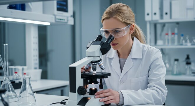 Female scientist looking through microscope in lab