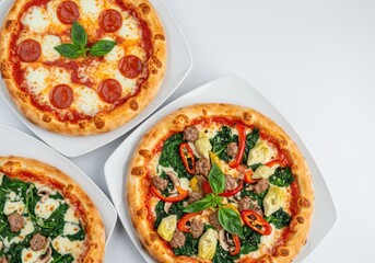 Delicious Gourmet Italian Pizzas Pepperoni Spinach Artichoke Variety Eat Food Meal Menu Lunch Basil
