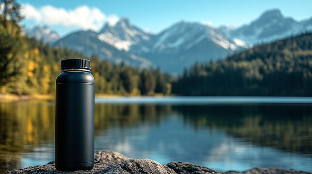 A black thermos bottle mockup on a stone near a lake with a forest and mountains — a minimalist outdoor scenario for brands and tourism
