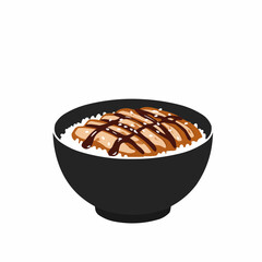 Teriyaki chicken atop rice, in a dark bowl with shiny glaze and sesame seeds