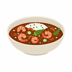 Top down view of gumbo with shrimp, okra, rice, and a brown, flavorful sauce in bowl