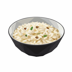 Bowl of rice with green onions and meat chunks, isolated on white background