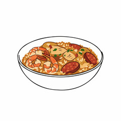 A plate with seafood, rice, sausage, and chicken. Herbs provide a fresh flavor