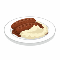 Two sausages, mashed potato and gravy on a plate, simple graphics, cartoon style